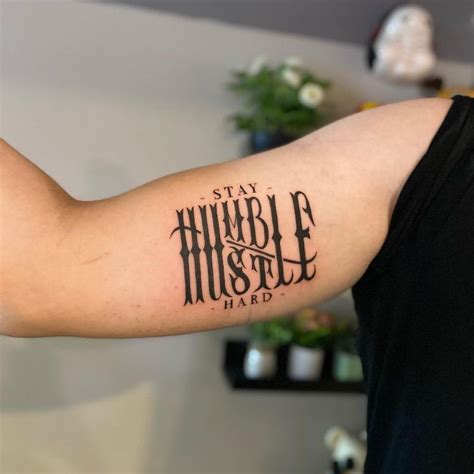 Hustle hand made calligraphic lettering logotype in original style. . Stay humble hustle hard tattoo